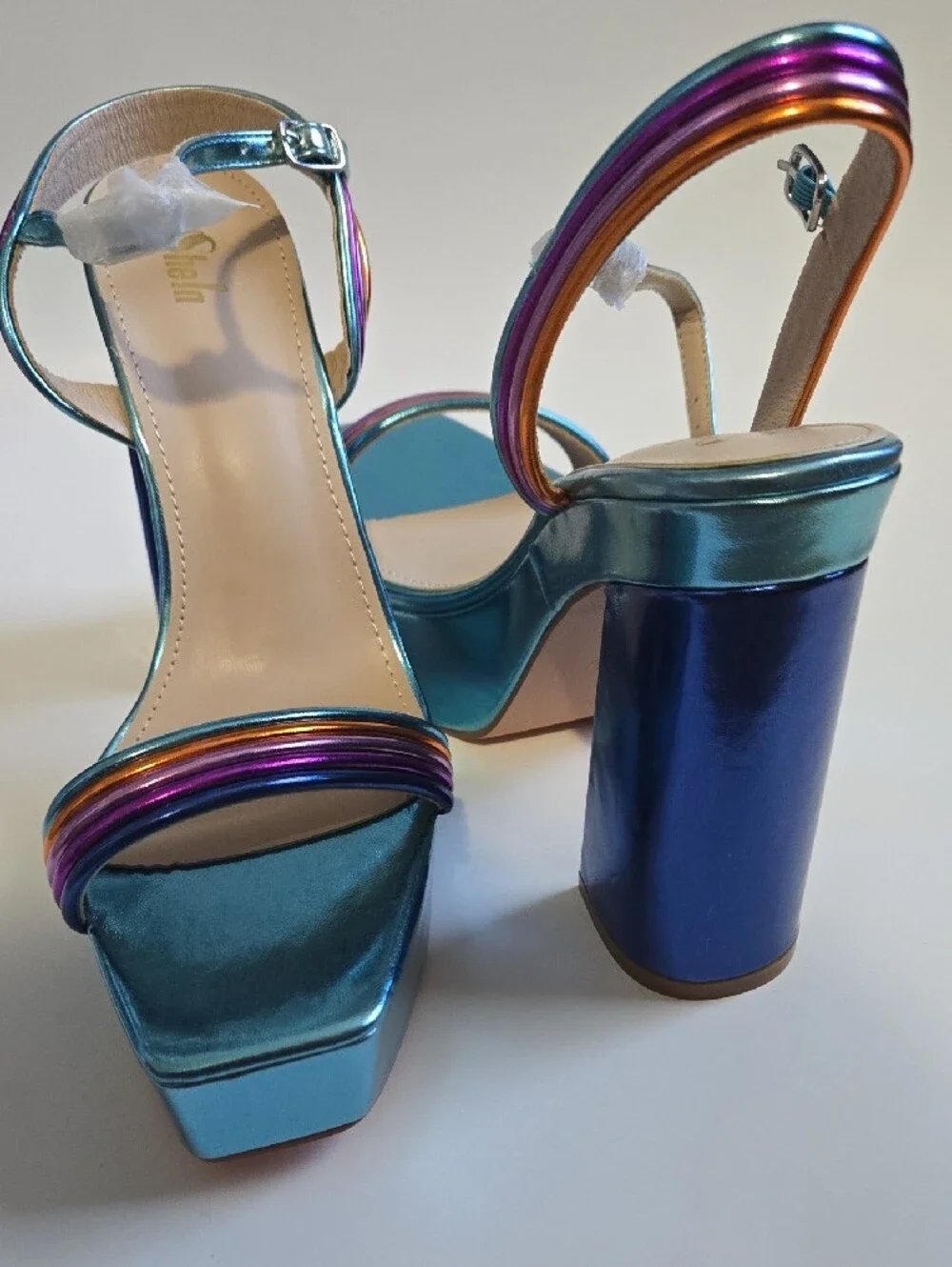 New SHEIN Teal Platform Sandals with Multicolor Metallic Straps
